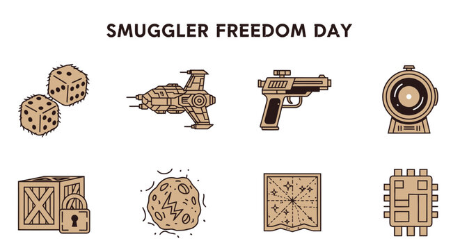 A collection of eight tancolored lineart icons related to scifi smuggling arranged in two rows of four on a white background