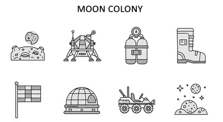 A set of eight monochromatic lineart icons depicting moonrelated equipment and scenery arranged in two rows © Agung
