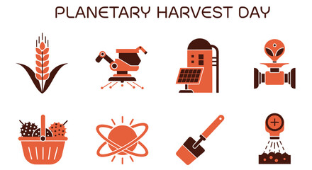 A set of eight orange and dark brown icons illustrating futuristic agriculture arranged in two rows © Agung