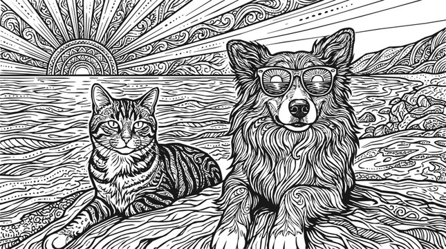 Detailed line art of a dog wearing sunglasses and a cat on the beach during a beautiful patterned sunset, perfect for coloring book.