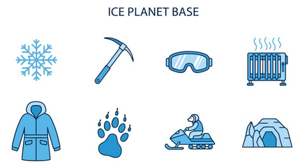 An icon set titled ICE PLANET BASE featuring eight blueoutlined light bluefilled icons on a white background © Agung