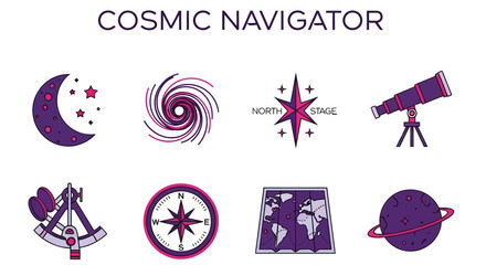 An infographic titled COSMIC NAVIGATOR featuring eight purple and pink celestial and navigationthemed icons © Agung