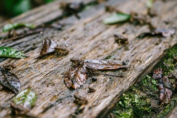 Fototapeta premium Tiny frogs camouflaged on a wet, weathered wooden surface with fallen leaves and moss.