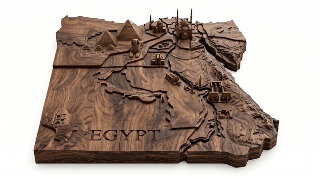 Intricate Wooden Map of Egypt with Pyramids and Landmarks.