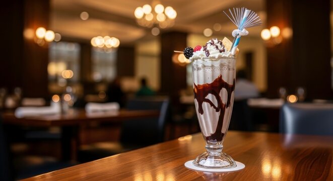 Luxury restaurant setting with tall chocolate sundae on wooden table whipped cream cherry