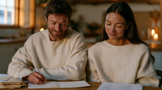 Couple seated at a farmhouse kitchen table writing personalized thank you cards together, stamped envelopes stacked beside them, a guest list reference sheet open nearby, an