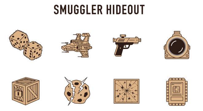 Eight brown flatstyle icons illustrating spacethemed gear including dice a spaceship a blaster a scanner a crate an asteroid a map and a microchip