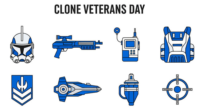 Eight blue and white stylized icons related to Star Wars clones arranged in two rows beneath the text CLONE VETERANS DAY
