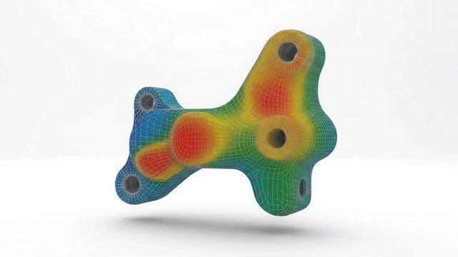 Digital 3D mechanical component rotating with finite element analysis mesh and color gradient stress mapping on clean white background