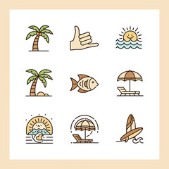 Obraz premium Summer Vacation Icons: Palm Trees, Beach Umbrella, Surfboard, Sun, and Ocean Waves
