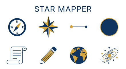 Eight minimalist icons featuring nautical space and writing themes against a white background © Agung