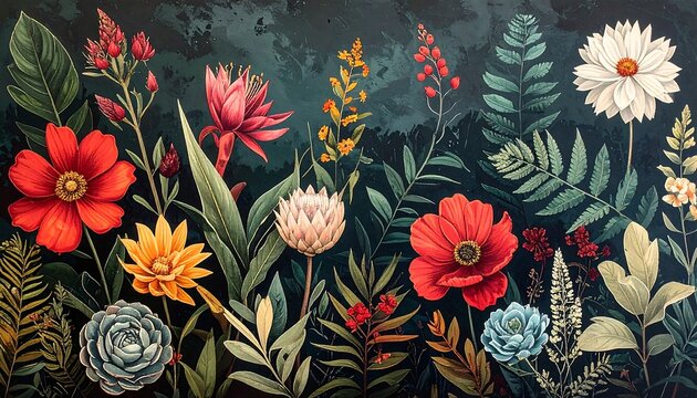 Colorful floral arrangement with varied flowers and greenery against a dark background, evocative of folk art