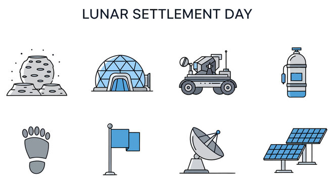 Eight lunarthemed icons arranged in two rows illustrating space exploration and colonization concepts