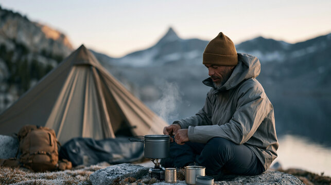 Wild camper boiling water on a canister stove at a remote alpine lake camp at first light, bivy bag visible behind, pack leaned against a boulder, frost on the grass around the