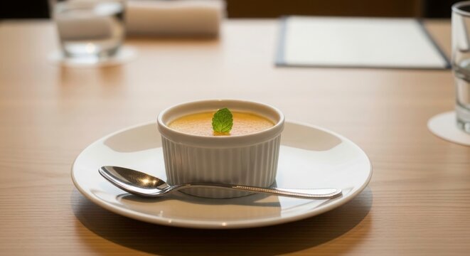 Creamy yellow pudding in a white ramekin on a wooden table with spoon and decorative leaf