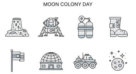 Eight stylized line art icons representing space exploration and lunar themes arranged in two rows of four © Agung