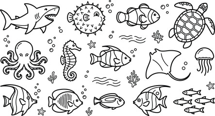 Sea creatures and ocean marine life doodle line icon set featuring shark turtle octopus stingray jellyfish and tropical fish © vector design 