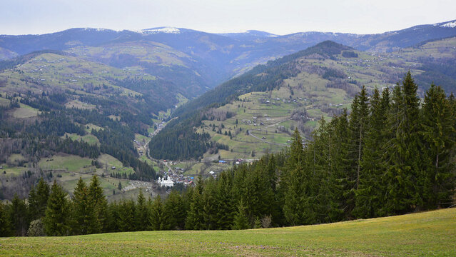 High mountains and deep valleys in the Apuseni Mountains, which form part of the Carpathians in Romania.
