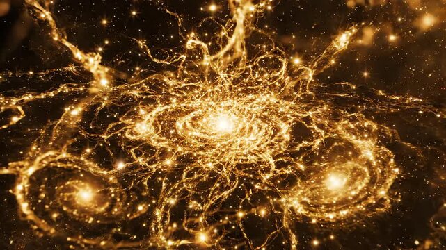 Ethereal abstract motion graphics of shimmering golden celestial patterns and stellar formations evolving on a dark textured background