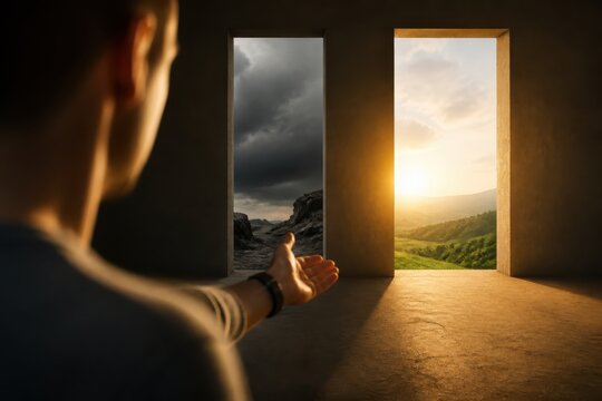 Choosing between light and darkness with open doors to different futures