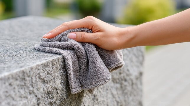Caring for a loved one's memory by cleaning a granite headstone with a soft cloth