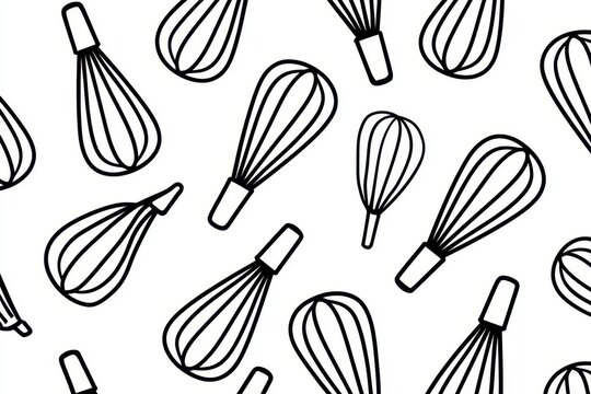 Black and white whisk doodle pattern isolated on white background. Kitchen utensil hand drawn line art background.