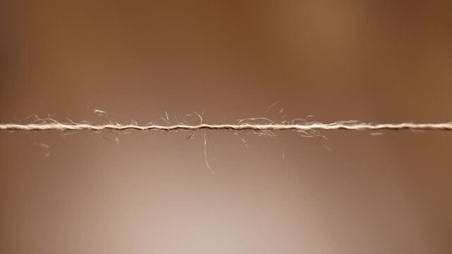 A detailed macro shot of a thin stretched brown jute twine string