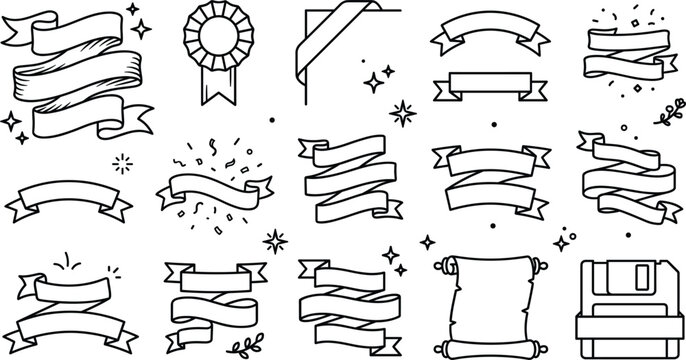 Vintage ribbon banners and award badge line icon set featuring parchment scroll paper labels tags and floppy disk