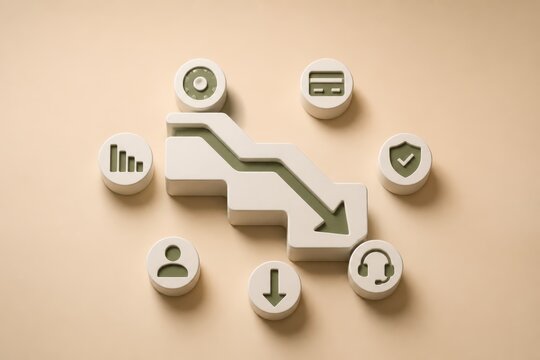 Downward trend concept with 3D business icons and falling arrow on beige background