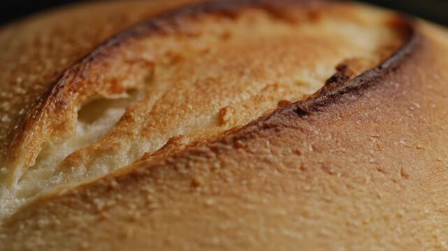 Close-up macro shot of freshly baked bread crust with a natural texture and golden hue.