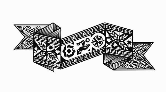 Intricate black and white ornate decorative banner ribbon featuring vintage patterns, a symbolic hand holding a key, and a compass rose design.
