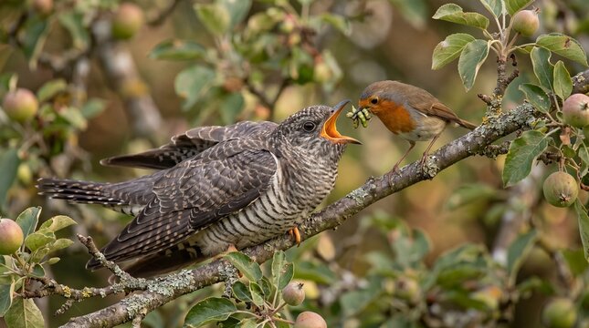 Robin Bird Feeding Insect to a Large Common Cuckoo Fledgling on Branch