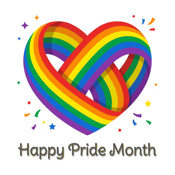 Pride Month Design. Rainbow heart with confetti and text happy pride month on transparent background.