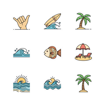 Summer Vacation Icons: Beach, Surf, Ocean, Palm Tree, Sun, Aloha