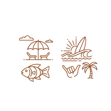 Summer Vacation Icons: Beach, Surf, Palm Tree, Fish, Shaka Sign, Clouds