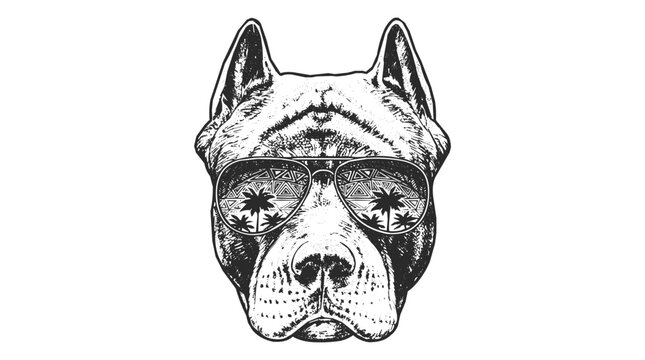 Stylized Pitbull Wearing Sunglasses with Palm Trees Reflection, Vintage Illustration of a Cool Dog Head for Summer Design
