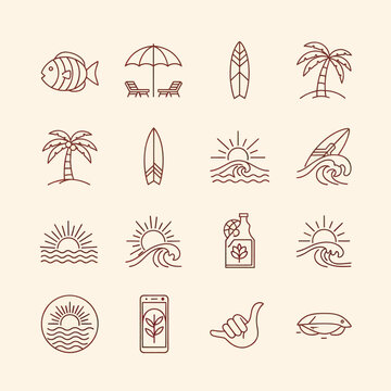 Summer Vacation Icons: Beach, Surf, Palm Trees, Sun, and Tropical Elements