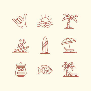 Summer Vacation Icons: Beach, Surf, Palm Trees, Sun, Ocean, Aloha