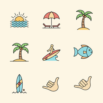 Summer Vacation Icons: Beach, Surf, Palm Trees, Sun, Ocean, Travel, Holiday Set