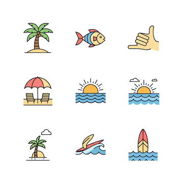 Summer Vacation Icons: Beach, Surf, Sunset, Palm Tree, Island, Fish, Aloha