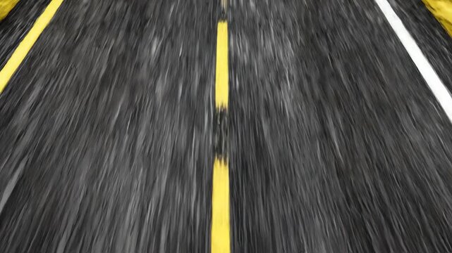 Abstract motion graphic of a seamless loop showing an asphalt road with yellow and white dashed lines moving rapidly forward in a top down view