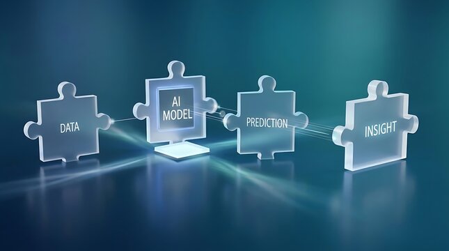 Artificial intelligence concept with glass puzzle pieces representing data processing, machine learning model, predictive analytics, and business