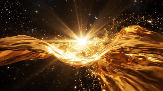 Abstract golden energy waves flowing through a dark void with radiant light beams and glowing cosmic dust