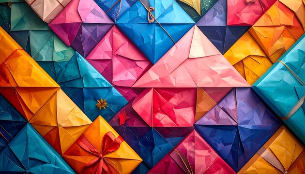 Colorful origami pattern of folded paper boxes, a textured abstract art with vibrant hues and triangular shapes