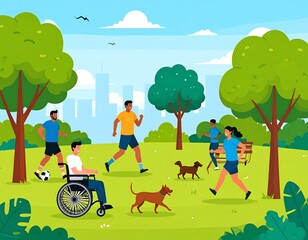Fototapeta premium A vibrant illustration depicts individuals of diverse backgrounds enjoying outdoor leisure in a sunny park with dogs