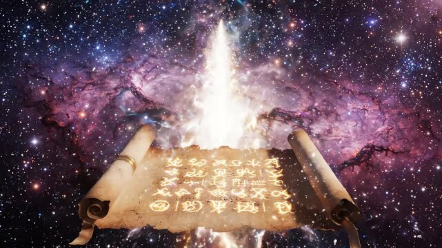 Cinematic animation of mystical cosmic energy flowing from an unrolling ancient parchment scroll against a vibrant galaxy starfield background