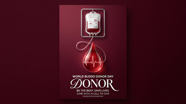 World blood donor day medical poster with transfusion bag and glowing red liquid drop, donation