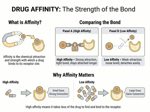 Drug affinity diagrams illustrate the chemical attraction and binding strength between pharmacological substances and their corresponding biological receptor sites in a clear educational format.