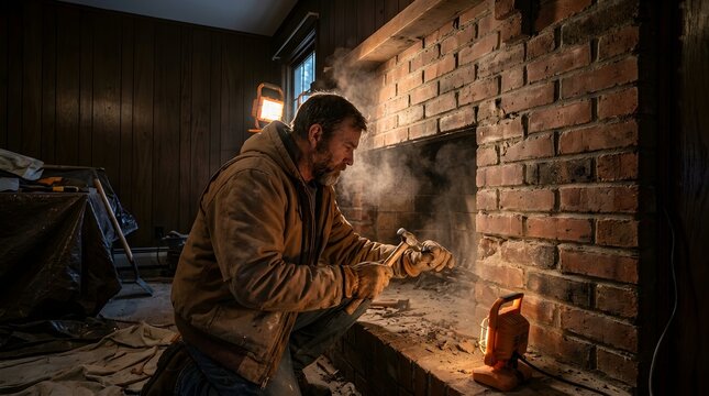A professional male worker repairing a brick fireplace with a hammer and chisel under bright lights.