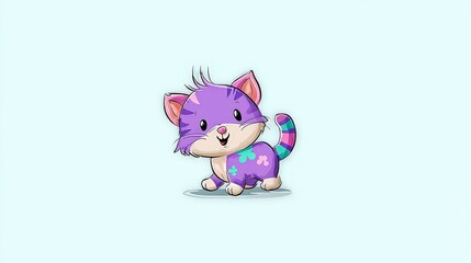 Fototapeta premium Cute Cartoon Kitten with Purple Fur and Playful Expressions